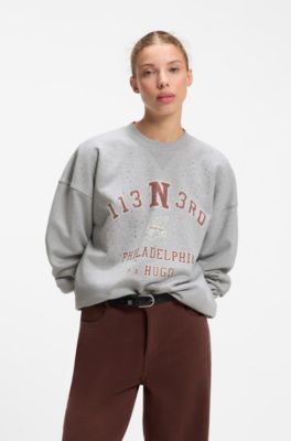 Oversize-fit cotton sweatshirt with rhinestone graphic, Light Grey