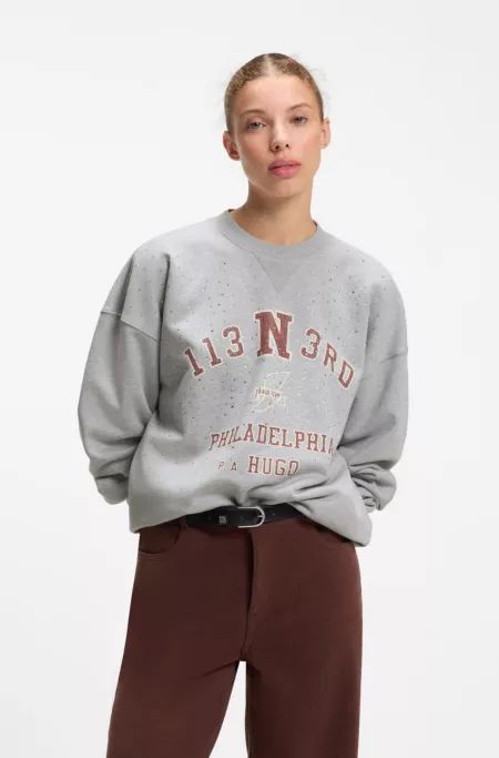 Oversize-fit cotton sweatshirt with rhinestone graphic