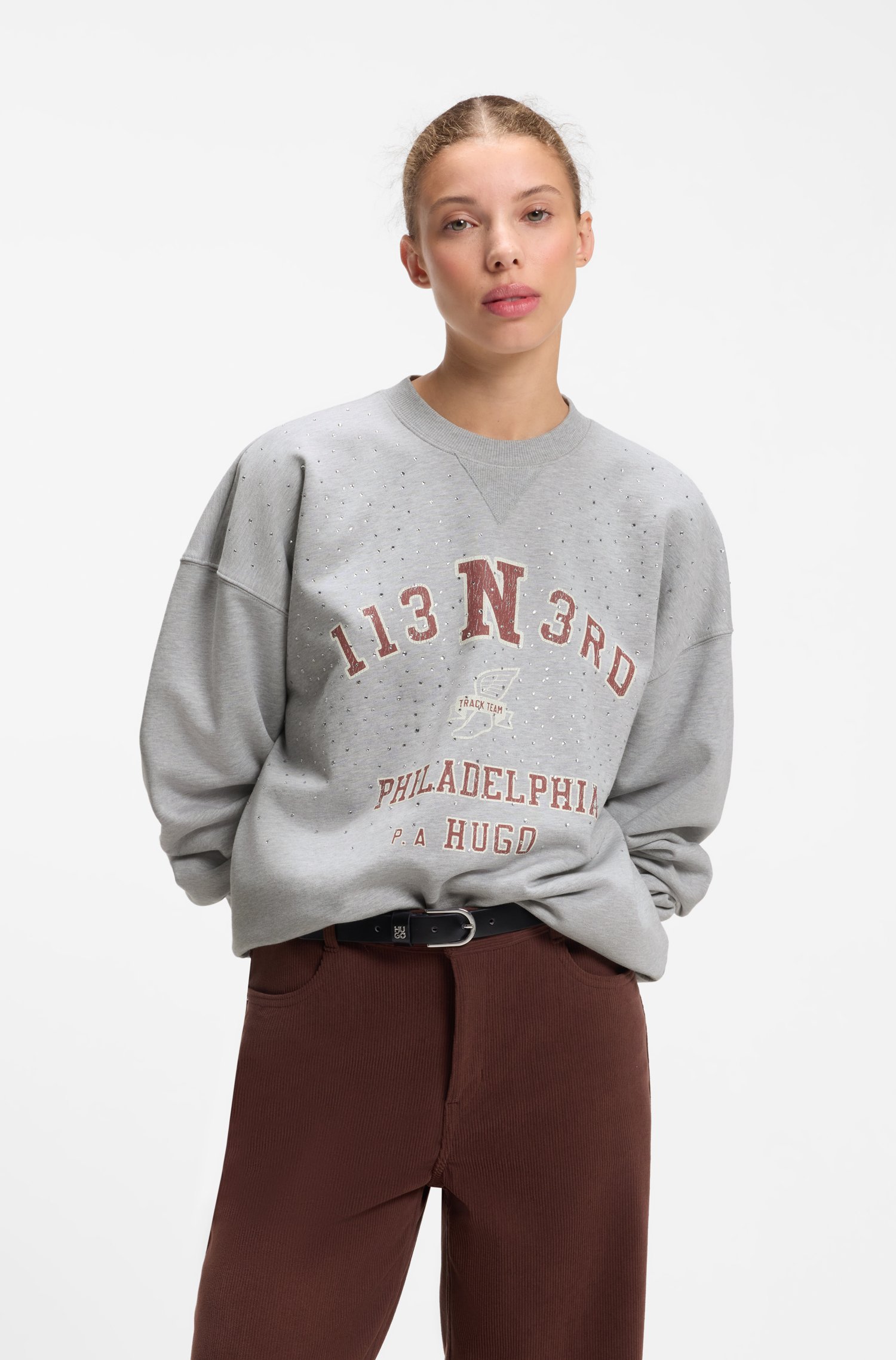 Hugo Oversize-fit cotton sweatshirt with rhinestone graphic dam