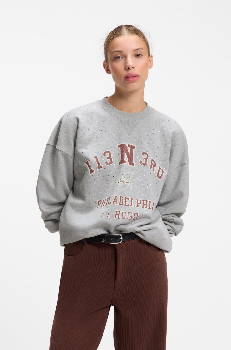 Oversize-fit cotton sweatshirt with rhinestone graphic