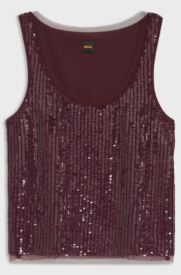 Sequin blouse with tonal mesh trims, Dark Red