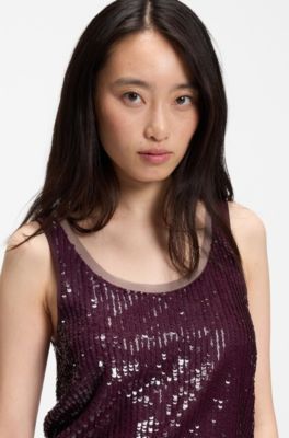 Sequin blouse with tonal mesh trims, Dark Red