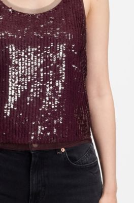 Sequin blouse with tonal mesh trims, Dark Red