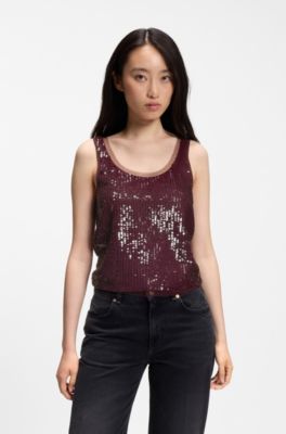 Sequin blouse with tonal mesh trims, Dark Red