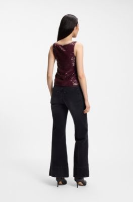Sequin blouse with tonal mesh trims, Dark Red
