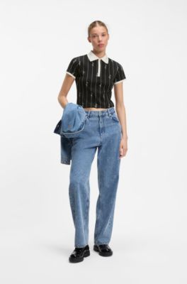 Stretch-cotton slim-fit polo with logo pinstripes, Patterned
