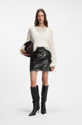 A-line mini skirt with all-over sequins, Black