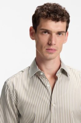Regular-fit cotton shirt with vertical stripes, Beige Stripes