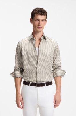 Regular-fit cotton shirt with vertical stripes, Beige Stripes