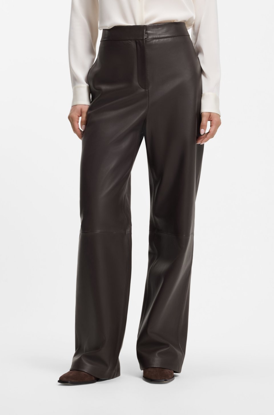 Wide-leg leather trousers with side pockets