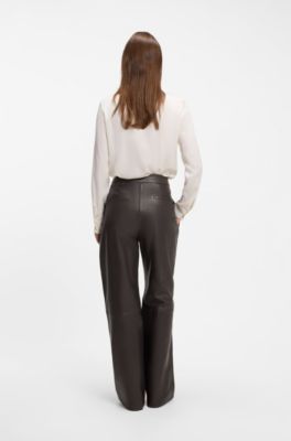 Wide-leg leather trousers with side pockets, Dark Brown