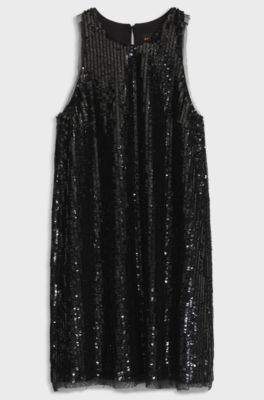 Sequin-covered mini dress with sheer trims, Black