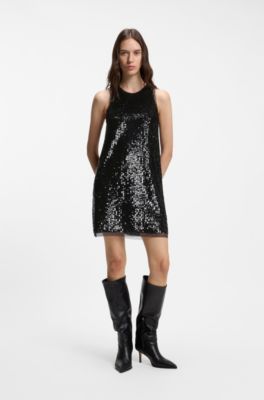 Sequin-covered mini dress with sheer trims, Black
