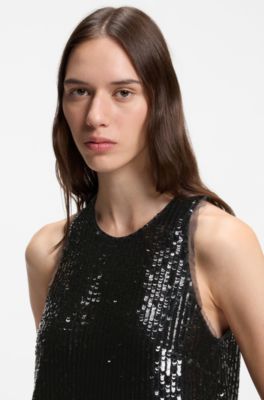 Sequin-covered mini dress with sheer trims, Black