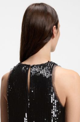 Sequin-covered mini dress with sheer trims, Black