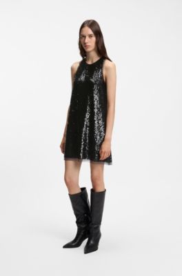 Sequin-covered mini dress with sheer trims, Black