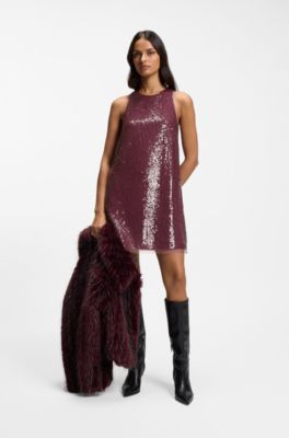 Sequin-covered mini dress with sheer trims, Red