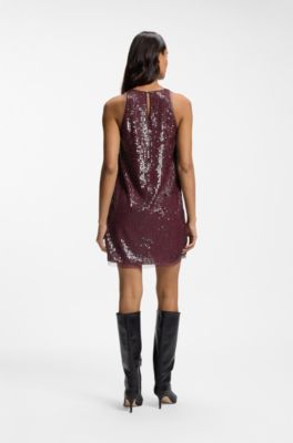 Sequin-covered mini dress with sheer trims, Red