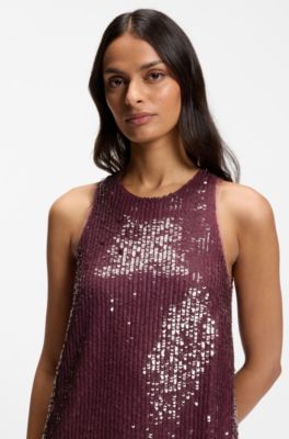 Sequin-covered mini dress with sheer trims, Red