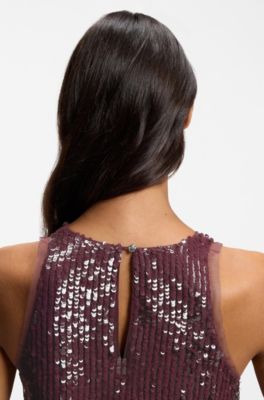 Sequin-covered mini dress with sheer trims, Red