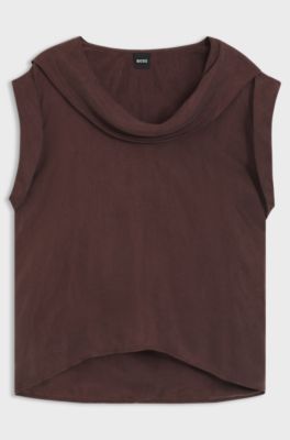 Regular-fit blouse with cowl neckline, Dark Brown