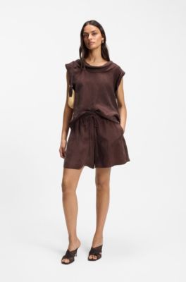 Regular-fit blouse with cowl neckline, Dark Brown
