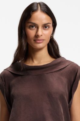 Regular-fit blouse with cowl neckline, Dark Brown