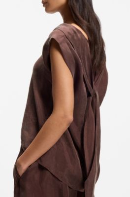 Regular-fit blouse with cowl neckline, Dark Brown