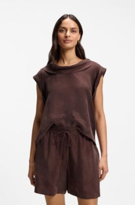 Regular-fit blouse with cowl neckline, Dark Brown
