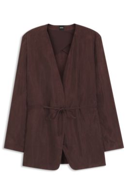 Regular-fit collarless jacket with drawstring waist, Dark Brown
