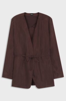 Giacca regular fit senza collo con coulisse in vita, Marrone scuro