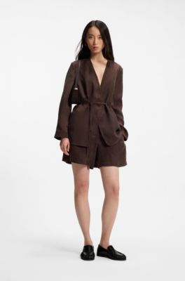 Regular-fit collarless jacket with drawstring waist, Dark Brown