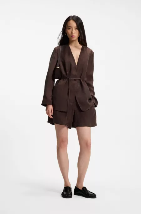 Regular-fit collarless jacket with drawstring waist