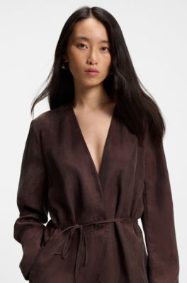 Regular-fit collarless jacket with drawstring waist, Dark Brown