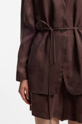 Regular-fit collarless jacket with drawstring waist, Dark Brown