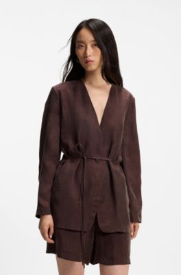 Regular-fit collarless jacket with drawstring waist, Dark Brown