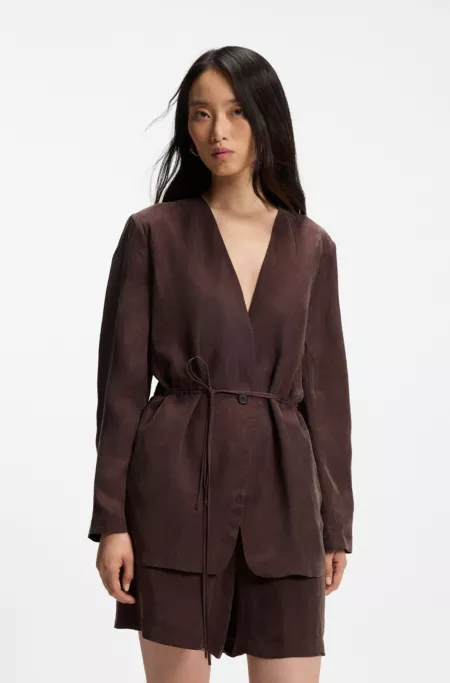 Regular-fit collarless jacket with drawstring waist