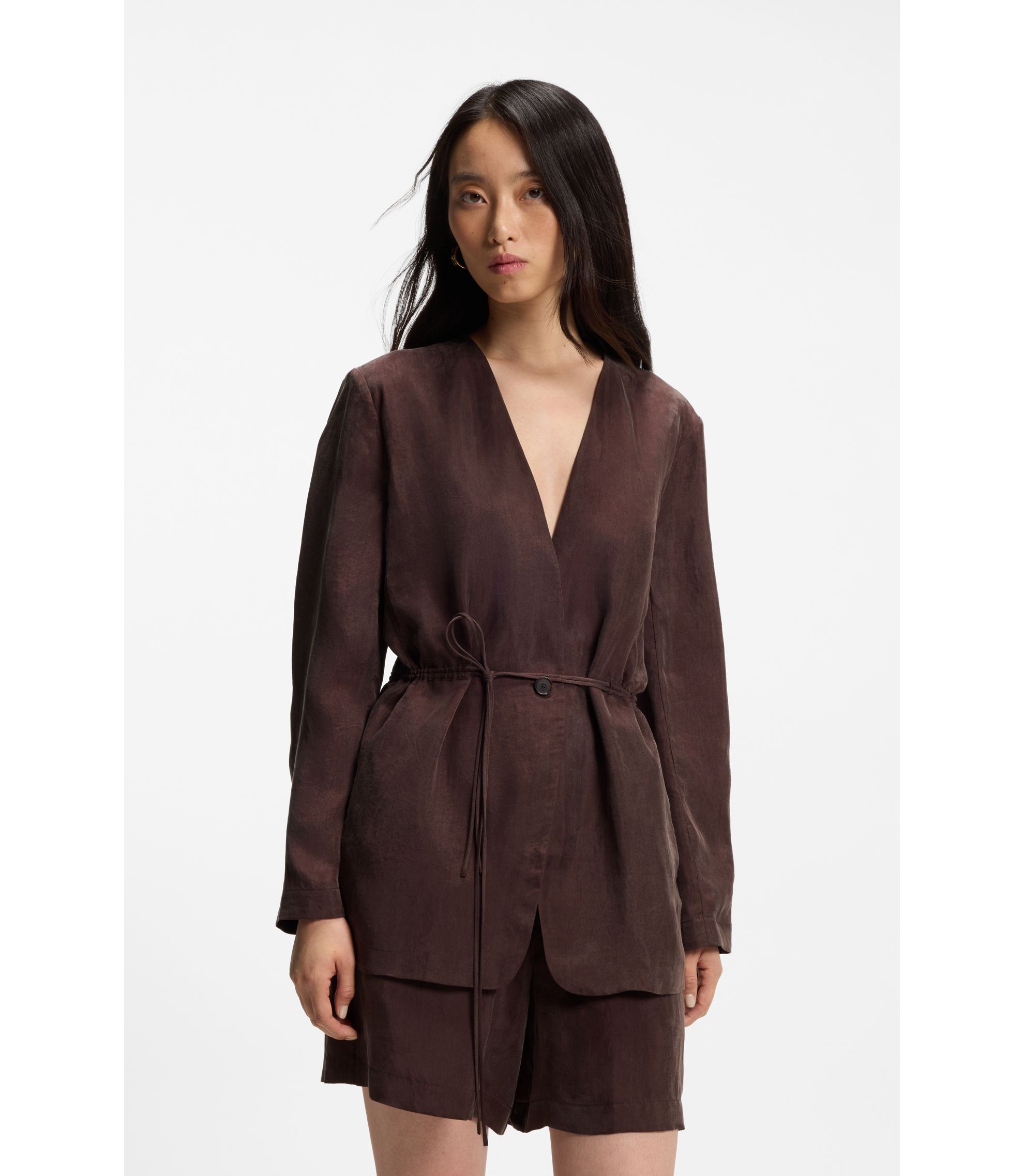 Regular-Fit Jacke ohne Kragen mit Tunnelzugbund an der Taille