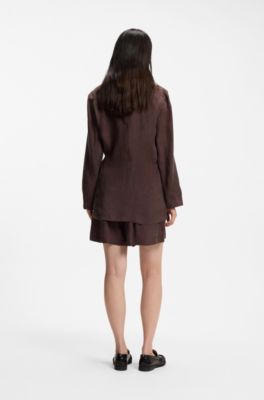 Regular-fit collarless jacket with drawstring waist, Dark Brown