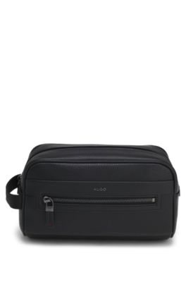 Grained faux-leather washbag with logo lettering, Black