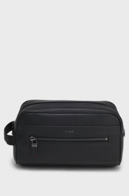 Grained faux-leather washbag with logo lettering, Black