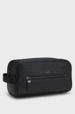 Grained faux-leather washbag with logo lettering, Black