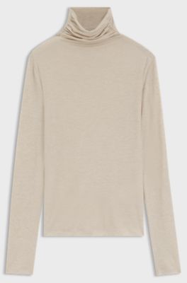 Draped chimney-neck top in a wool blend, Light Beige