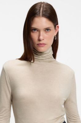 Draped chimney-neck top in a wool blend, Light Beige