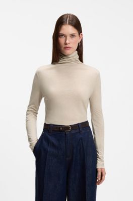 Draped chimney-neck top in a wool blend, Light Beige