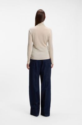 Draped chimney-neck top in a wool blend, Light Beige