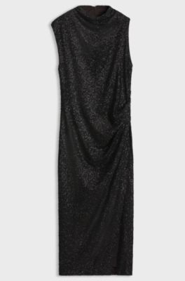 Stand-collar maxi dress in draped jersey, Brown