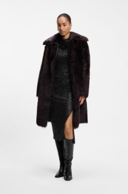 Stand-collar maxi dress in draped jersey, Brown