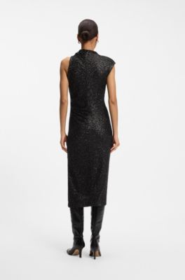 Stand-collar maxi dress in draped jersey, Brown
