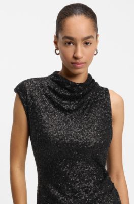 Stand-collar maxi dress in draped jersey, Brown